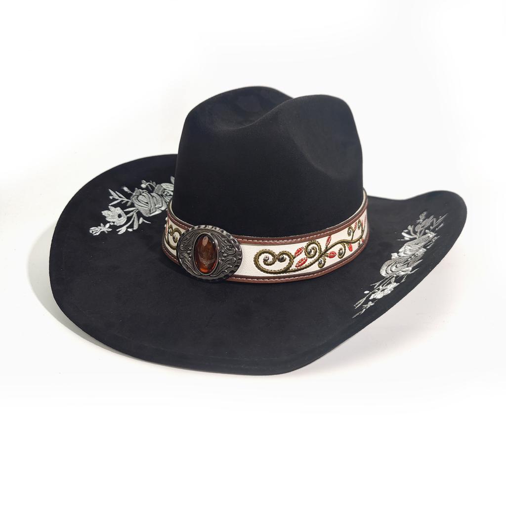 New Western Denim Hat Spring And Autumn Men'S And Women'S Big-Brimmed Jazz Hat Suede Embroidered Top Hat