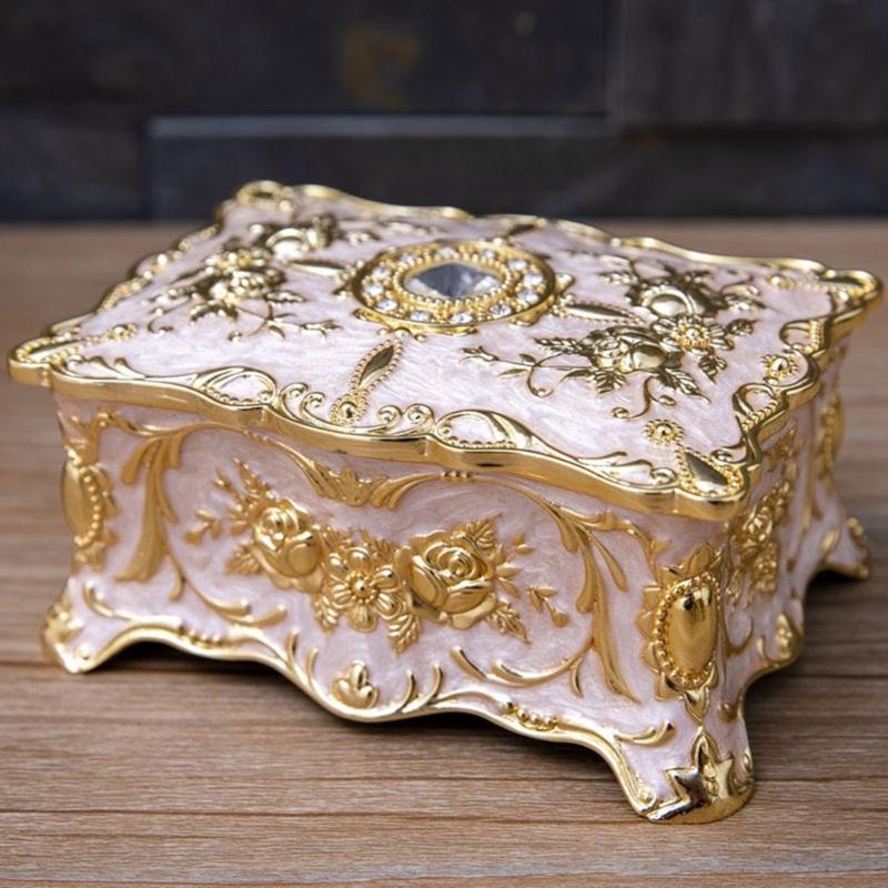 Elegant European Rose Engraved Metal Jewelry Box For Rings Necklaces Earrings With Soft Lining