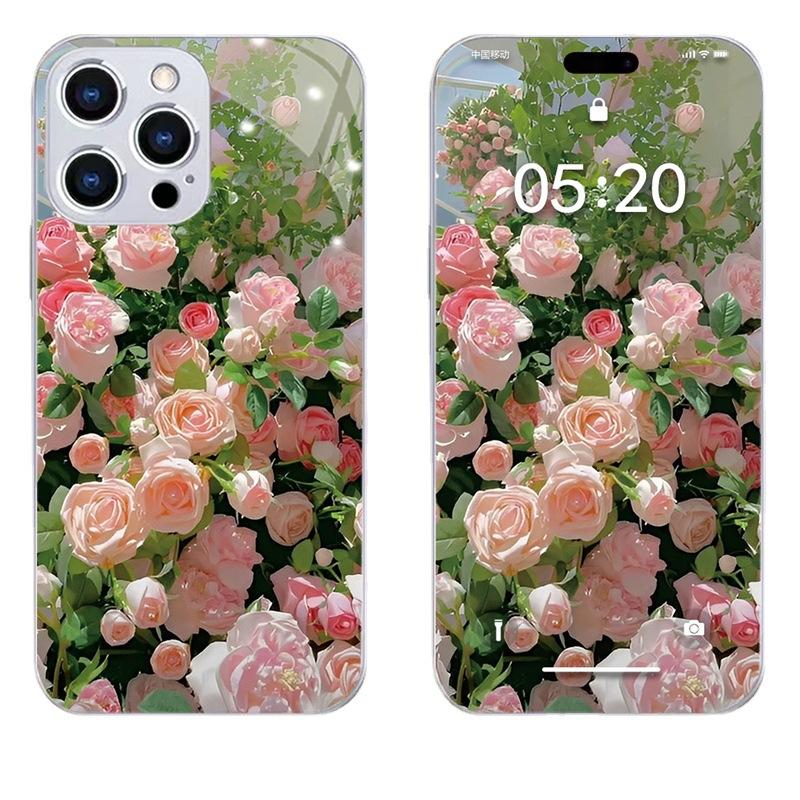Pink Rose Suitable for Apple/Huawei Mobile Phone Case Glass iPhone17Promax Luxury 16 Case 12