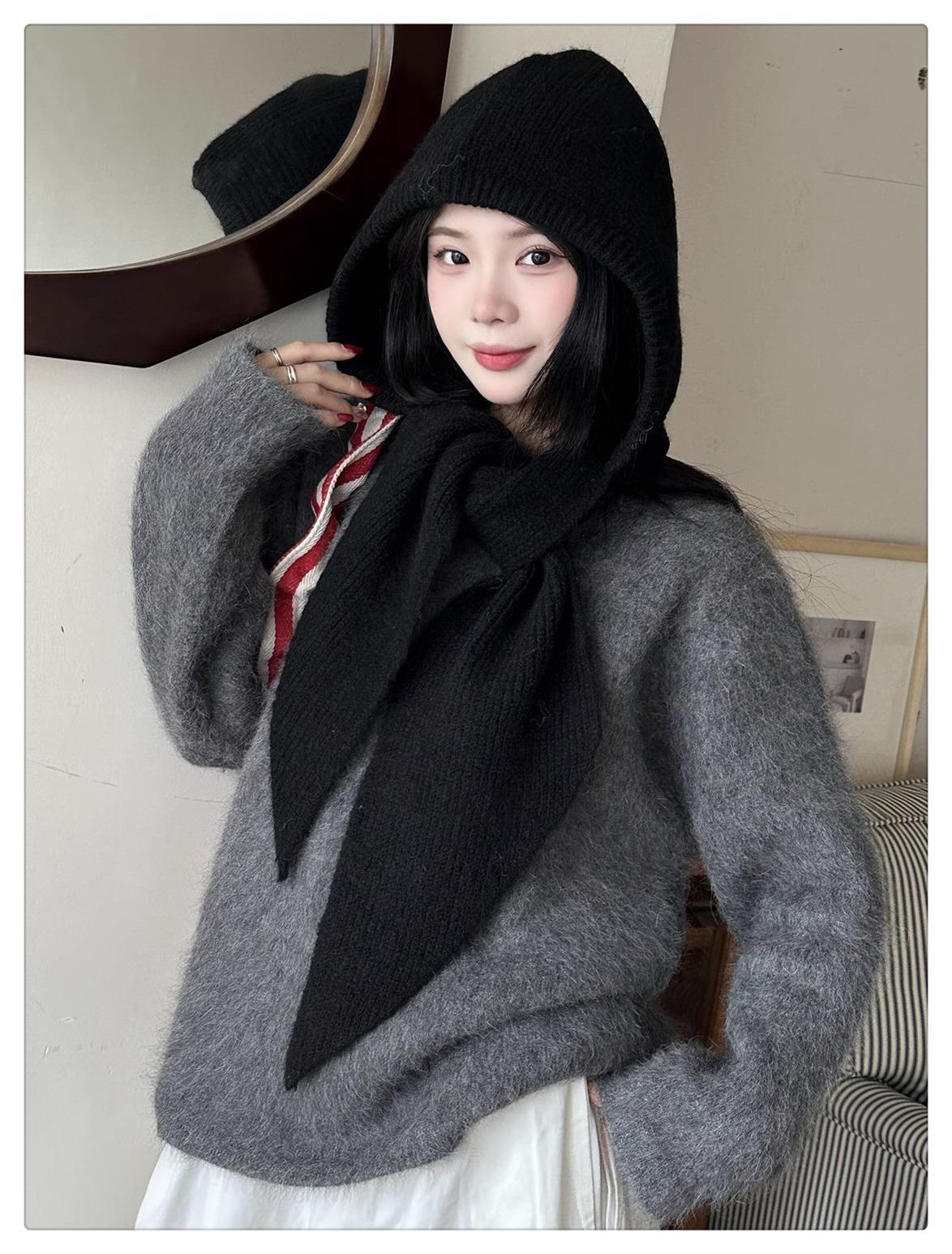 

Осень Зима Женский Вязаный Набор Шапка Шарф Стиль Инс Балаклава Шапка Бини Ветрозащитный Теплый Плюшевый Капюшон Уличный Велоспорт Рождественский Подарок 1PC чёрный