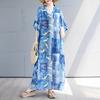 DIMANAF 2025 Summer Plus Size Dress Basic Women Casual Loose Blue Vintage New Long Oversized Dress Maxi
