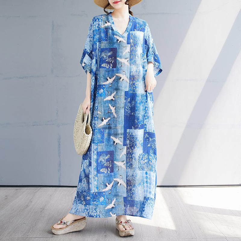 DIMANAF 2025 Summer Plus Size Dress Basic Women Casual Loose Blue Vintage New Long Oversized Dress Maxi