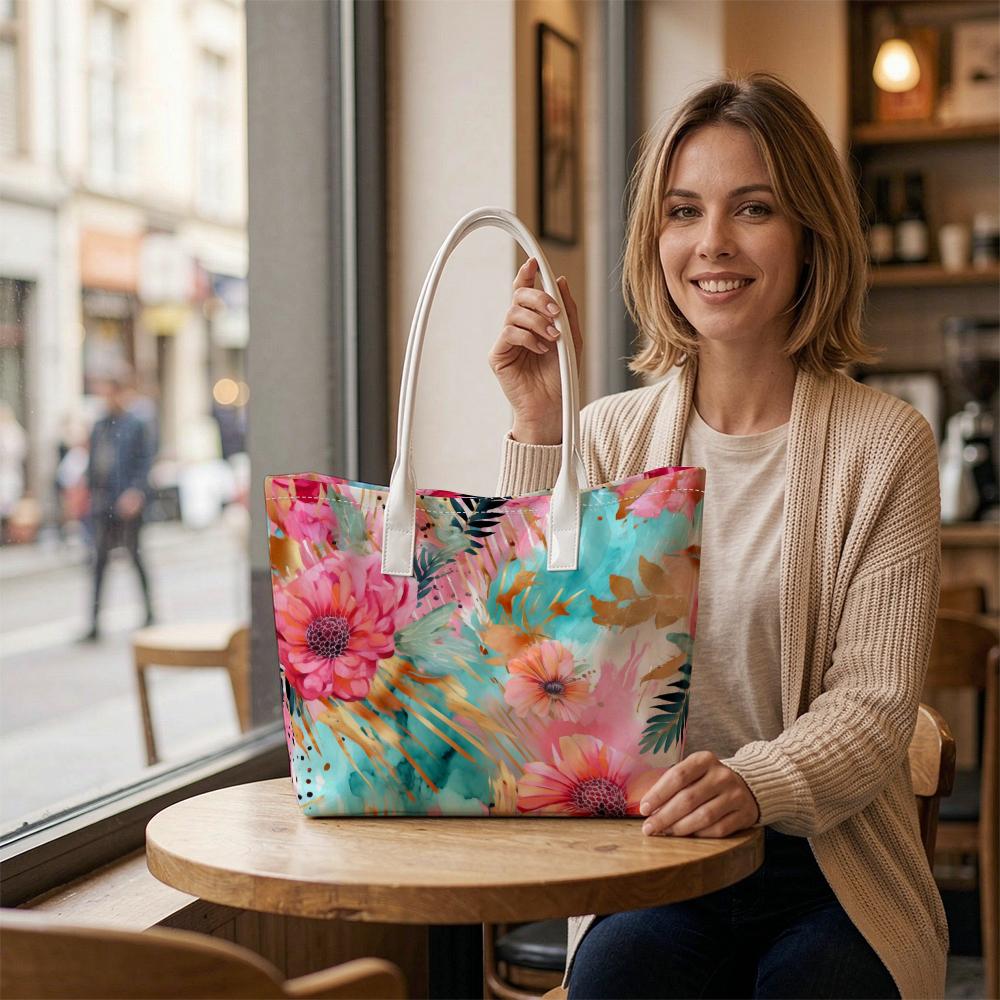 Boho Floral Printed Casual Tote Bag Lightweight Fashion Daily Shoulder Handbag for Women