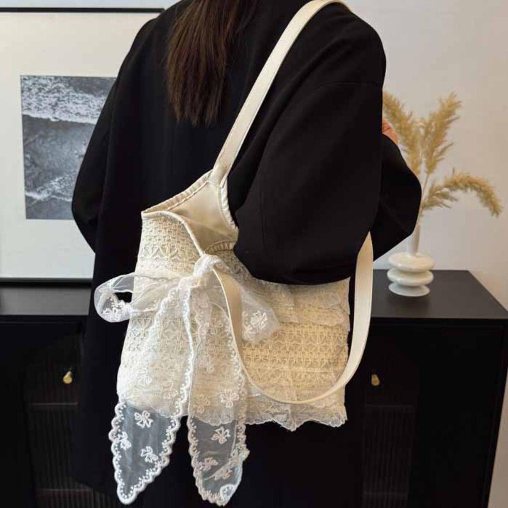Korean Style Lace Shoulder Bag With Ribbon Large Capacity Bag Simple Canvas Handbag Travel