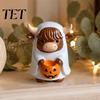 Resin Pumpkin Candy Bowl Highland Cow Ghost Figurine with Bowl, Cute Halloween Holiday Party Table Centerpieces Tabletop Decor for Farmhouse