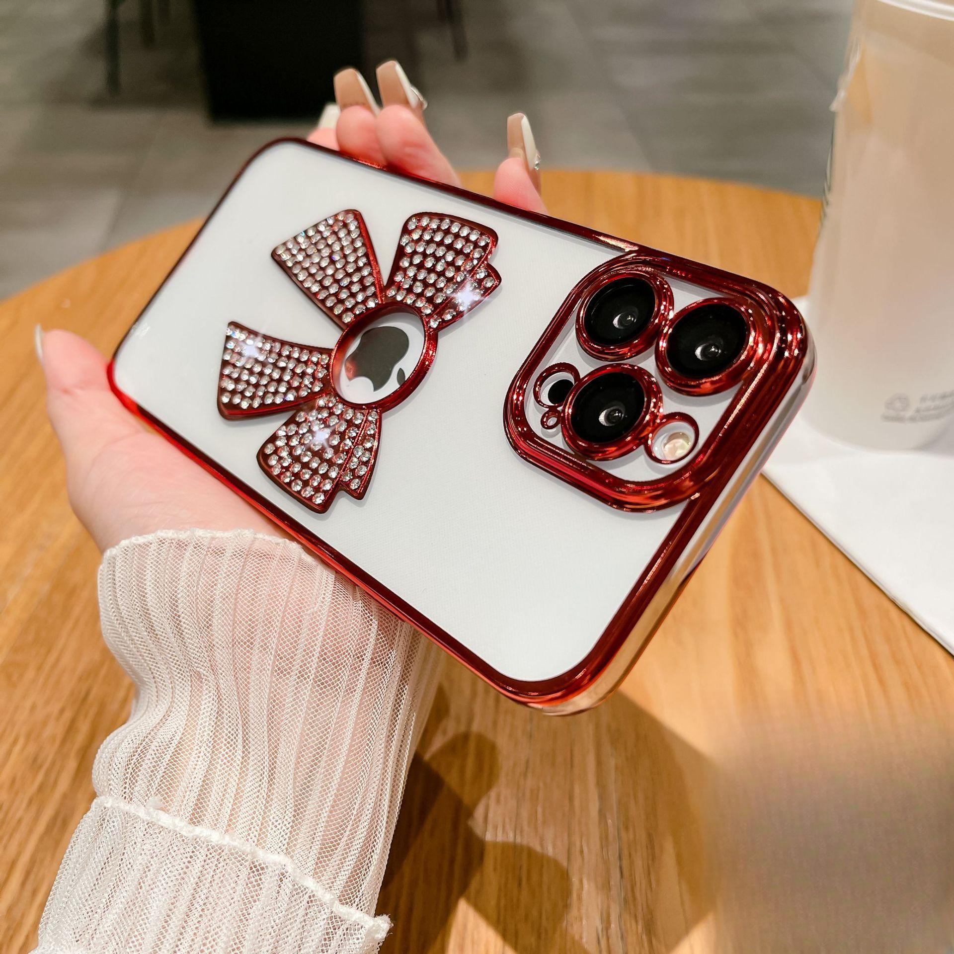 

Подходит для iPhone16 Чехол для телефона с водным бриллиантом и галстуком-бабочкой с отсутствующей этикеткой, Гальванизированный противоударный защитный чехол для Apple 15proMax 14 iPhone11pro