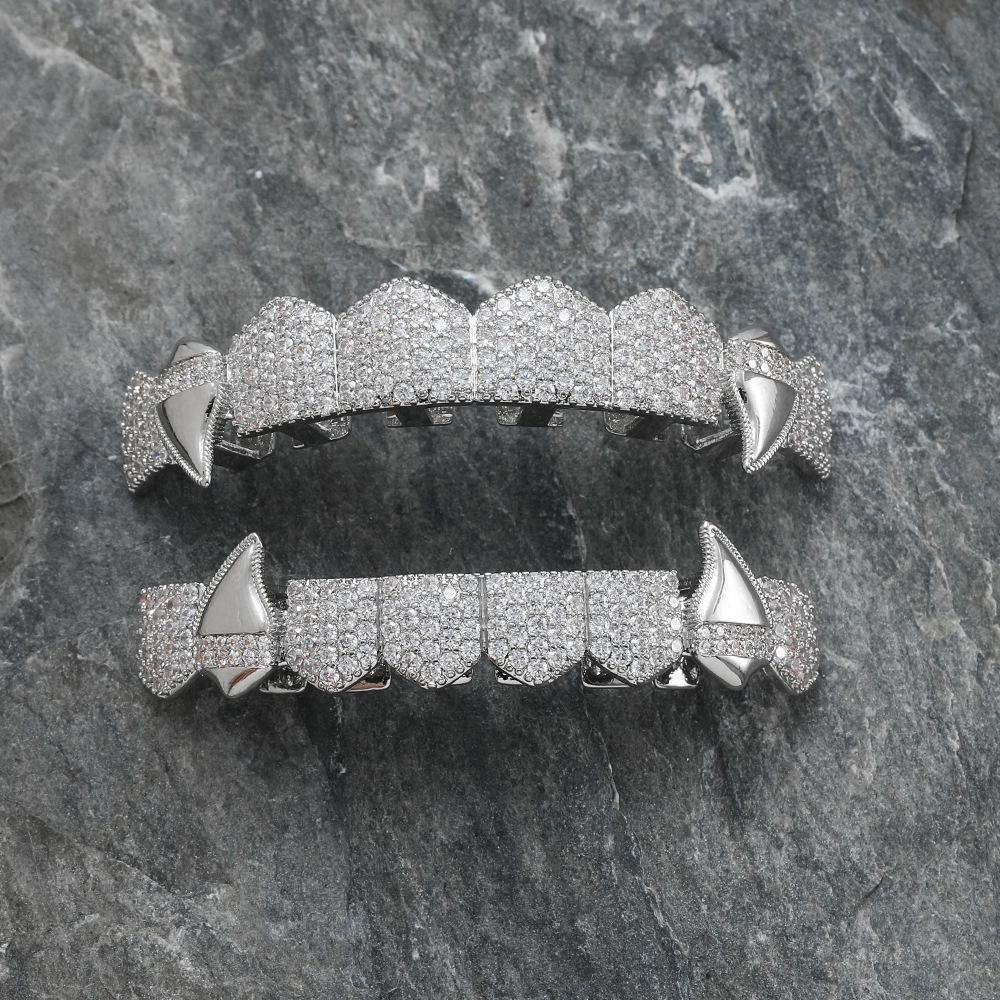 Htpwe Hip Hop Full CZ Stones Teeth Grillz Caps Cubic Zircon Iced Out Micro Pave Top&Bottom Charm Grills For Men Women Zircon