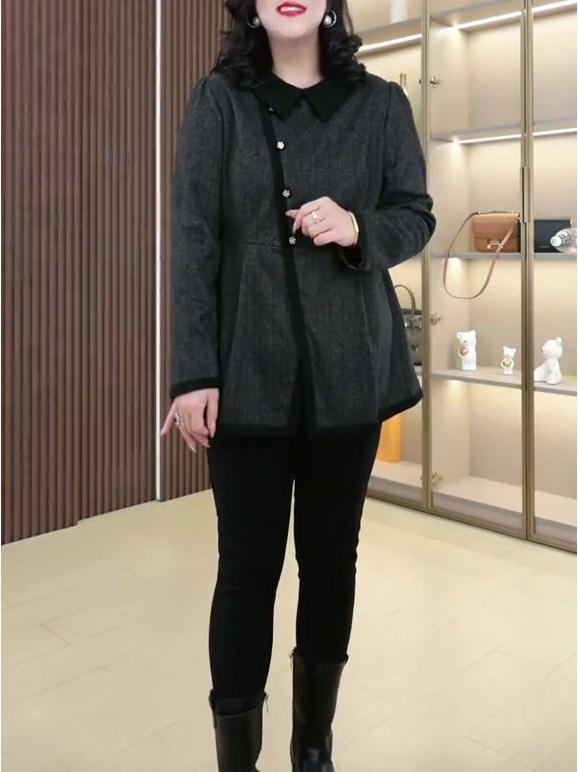 Autumn/Winter Woolen A-line Slimming Collared Shirt for Middle-Aged Women