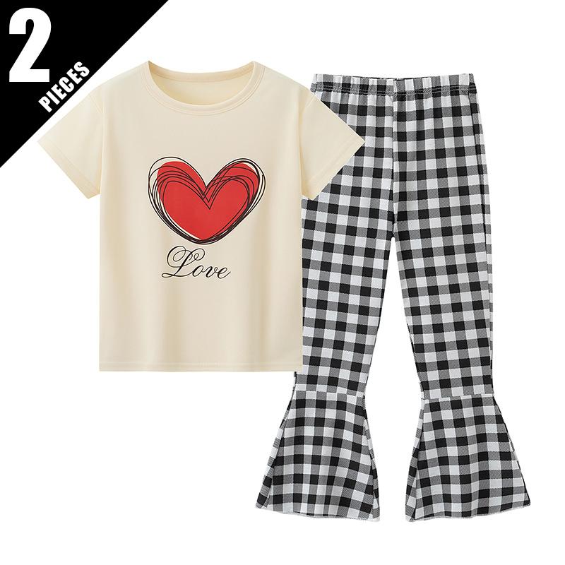 2/3piece set of summer girls' fashionable casual short sleeved flared pants set with heart round neck T-shirt and checkered pant