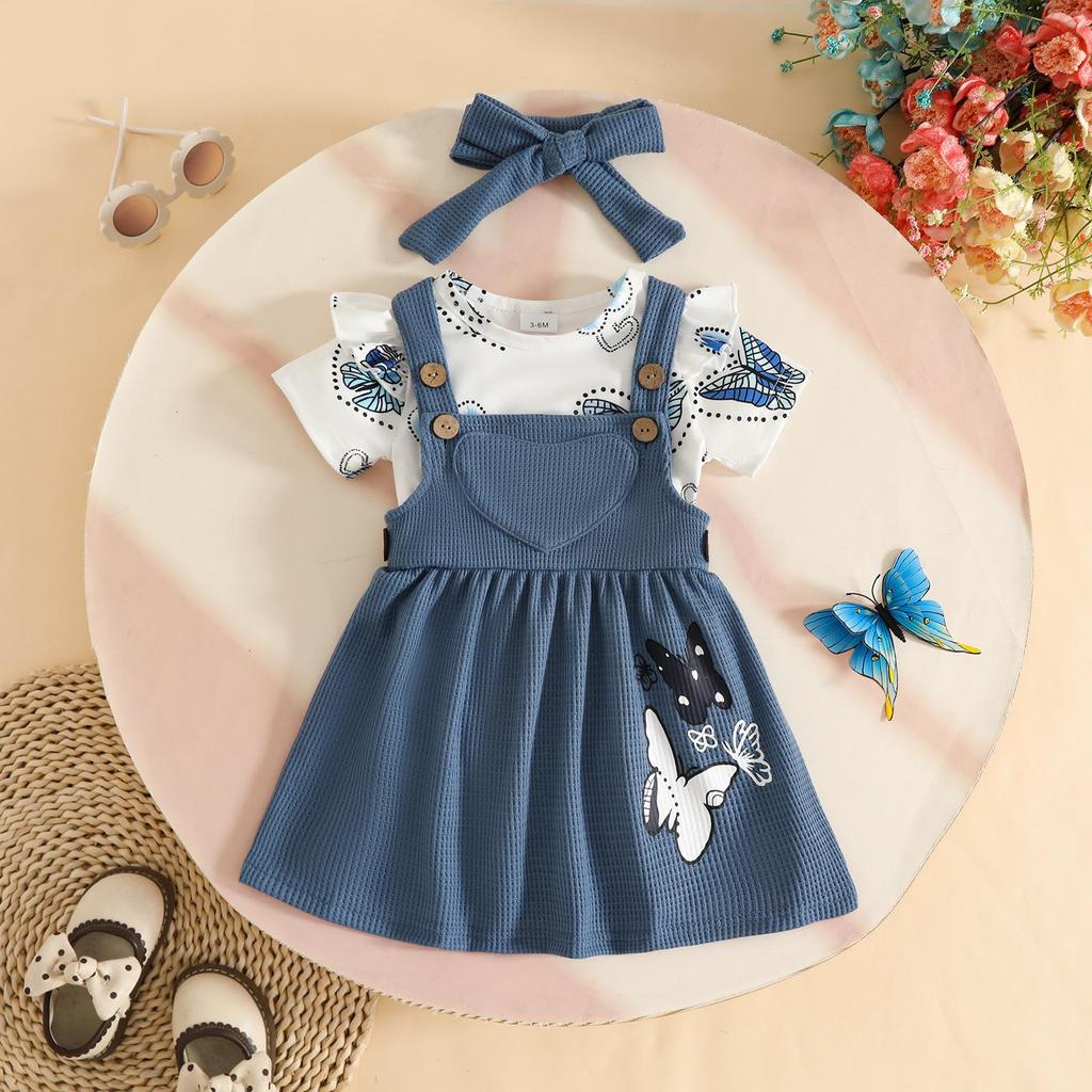 Summer Baby Girl Dress Set: Butterfly Heart Romper, Corduroy Suspender Skirt & Hairband