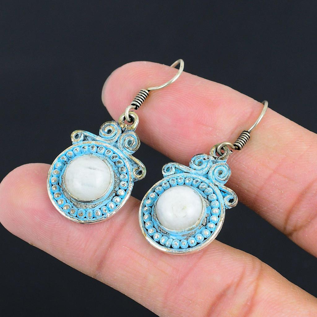 Birthday Gift For Her Natural Rainbow Moonstone Drop/Dangle Earrings 925 Silver