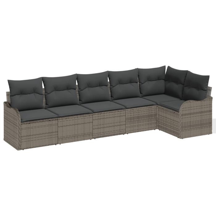 Ensemble de Canapé de Jardin 6 Pièces avec Coussins en Poly Rattan Gris, Canapé de Jardin 2 Places avec Coussins en Poly 3345719