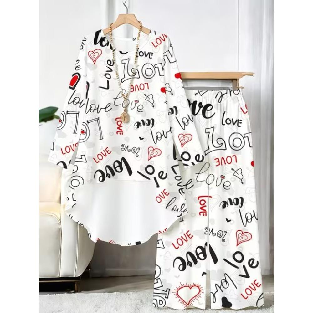 Marble Print Two Piece Outfit Women Long Sleeve Irregular Hem Tunic Top Wide Leg Pants Casual Matching Set