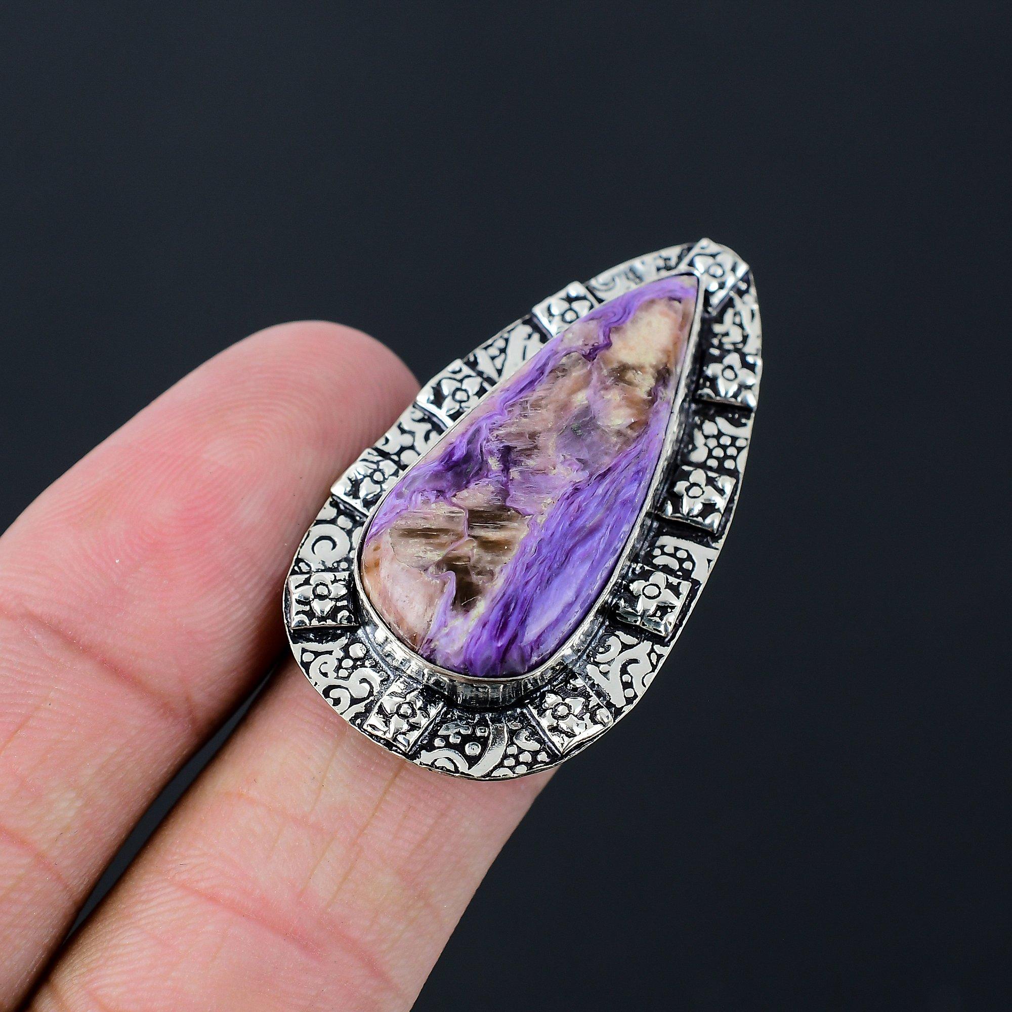 Gift For Her 925 Sterling Silver Natural Charoite Gemstone Promise Ring Size 7 7