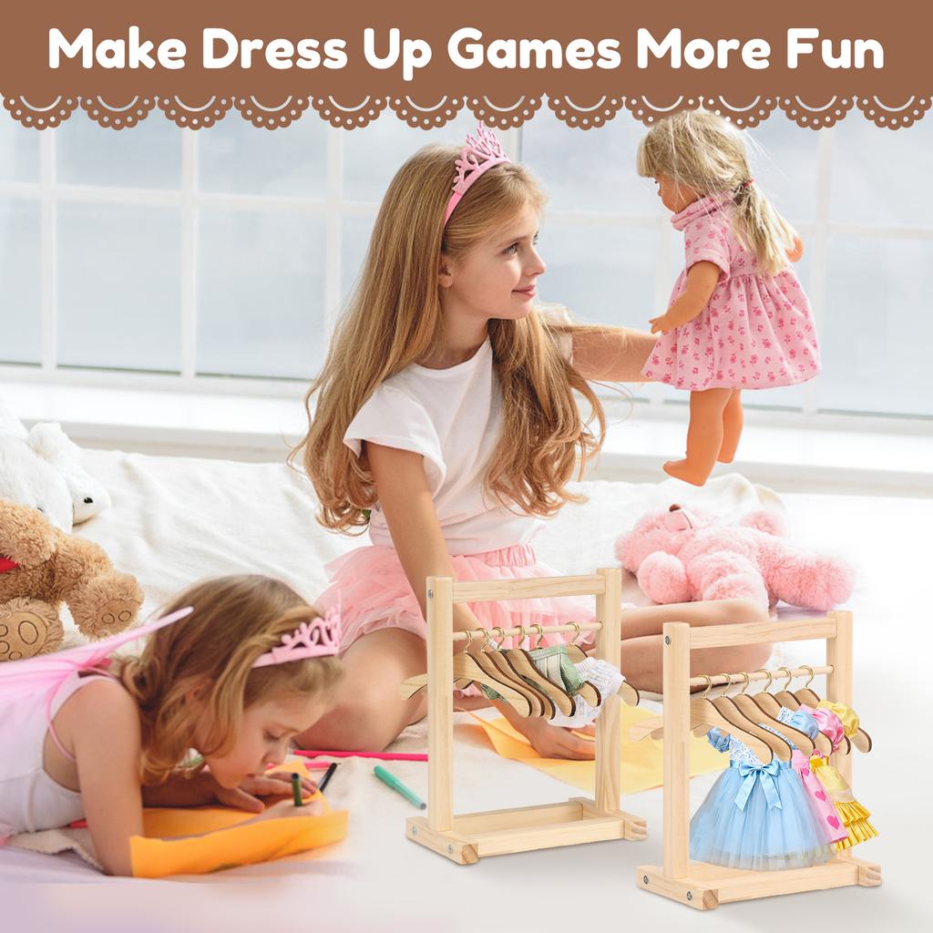 2Pcs Miniature Clothes Rack Wooden Doll Clothes Closet with 12 Hanger Mini Floor Drying Rack Clothes Storage Rack Small Wardrobe