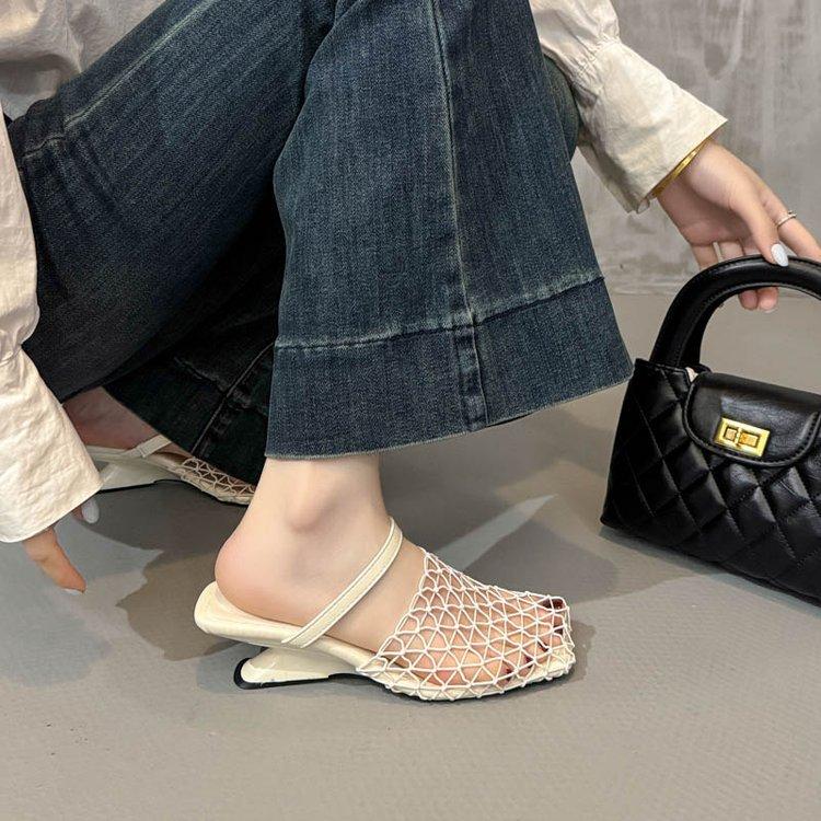 Summer new favorite! Niche design fishing net half slippers woven mesh hollow special-shaped and high-heeled outer slippers women