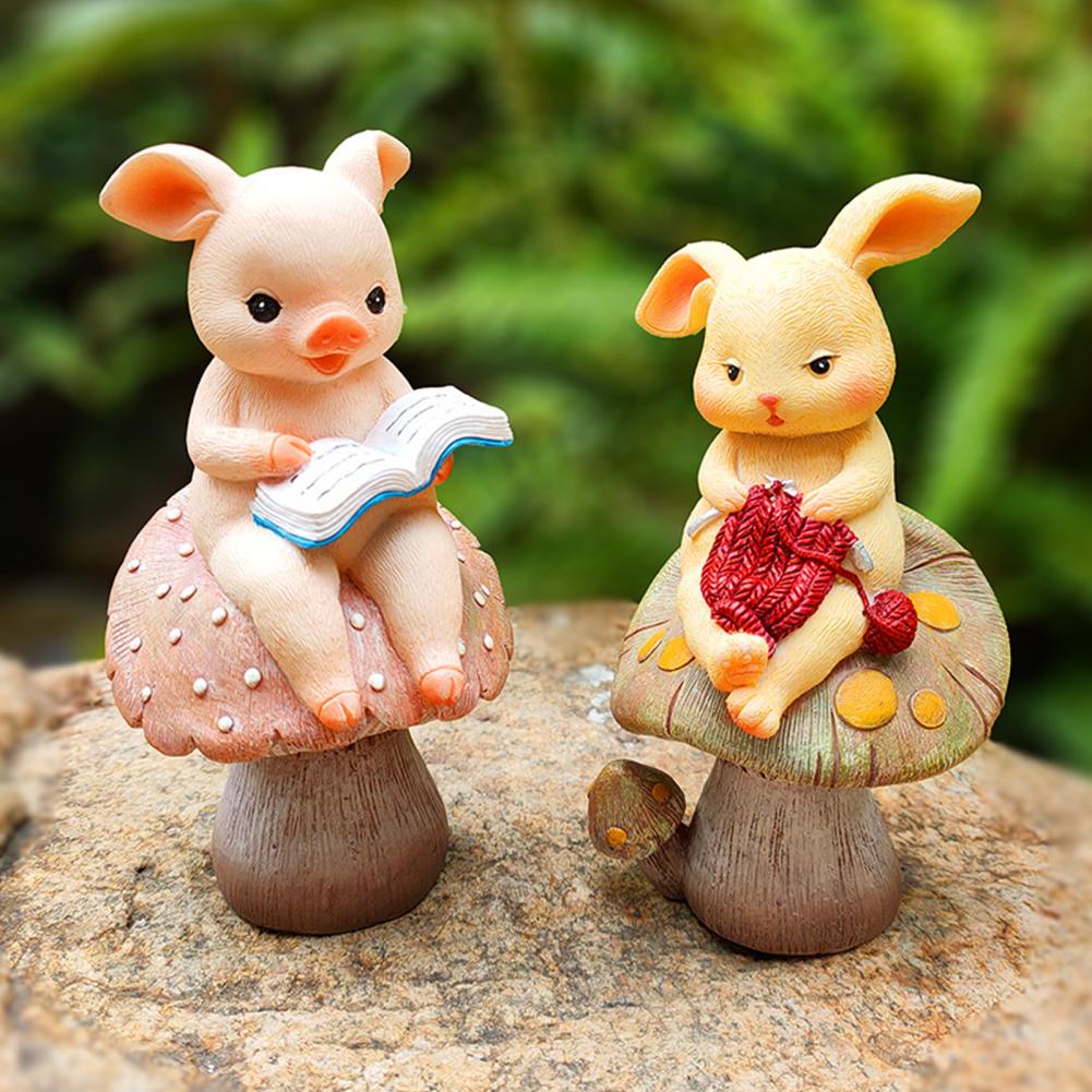 Cute Sculpture Resin Figurine Whimsical Figurine Set for Fairy Garden Flowerpot Decoration Reading Pig Knitting Rabbit Cartoon