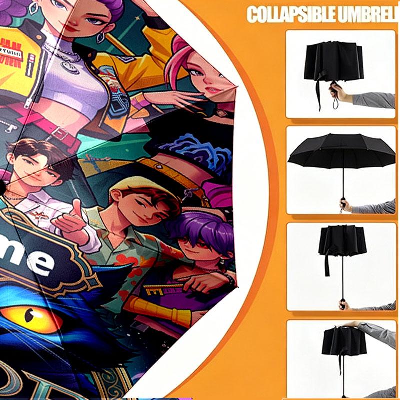 Custom Name Personalized Kpop Demon Hunter Print Umbrella, Auto Open Close, 8‑Rib Sturdy Frame, Commute Camping Hiking Use, Birthday Gift