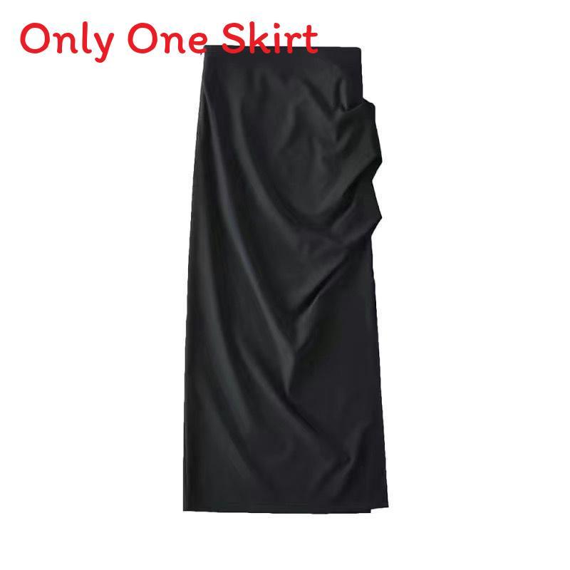 Cotton Blend High Waist Pleated Split Midi Skirt For Women Spring Summer