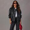 Women's Vintage Faux Leather Bomber Jacket Drop Shoulder Loose Fit Casual Street Coat