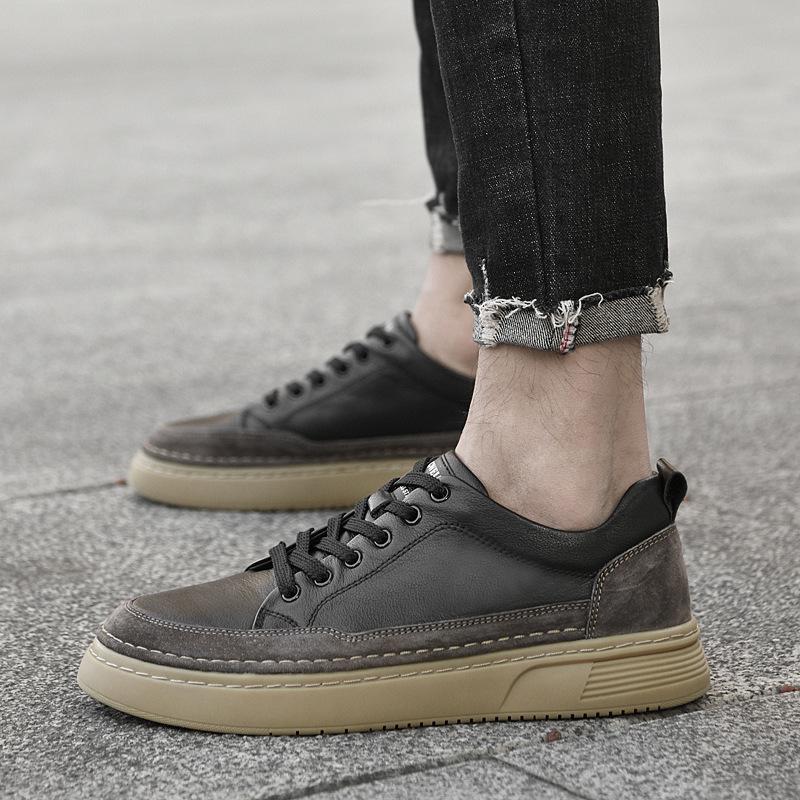Men's shoes autumn first-layer cowhide white shoes trendy British style thick-soled lightweight sports shoes casual board shoes men