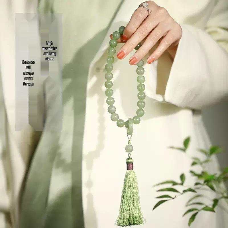 Серебряный браслет с кисточкой из черного обсидиана: Восемнадцать Бусин, Розарий-Кольцо Древнего Стиля для Льва Года Рождения