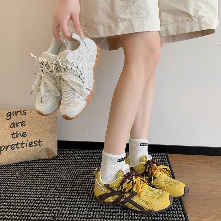 Leather Yellow Dexun Shoes Women's 2025 New Summer Mesh Breathable Thin Sports Shoes Ah Shoes Gan Board Shoes
