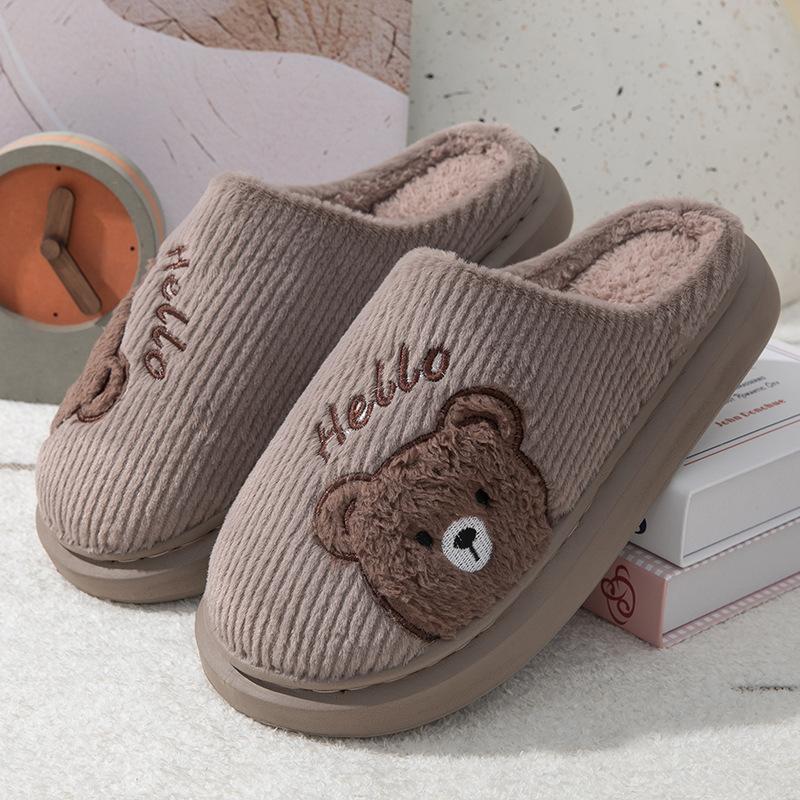 New cotton slippers cartoon bear female home indoor couple thickened and velvet home hospitality fluffy slippers male