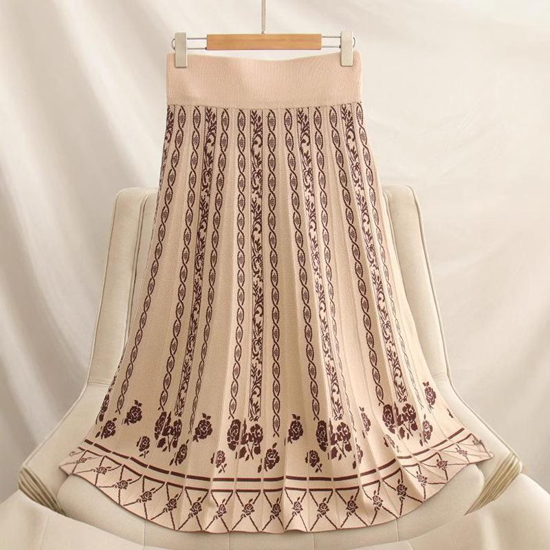 Retro Jacquard Knitted Half Skirt for Women Autumn/Winter Mid Length Skirt