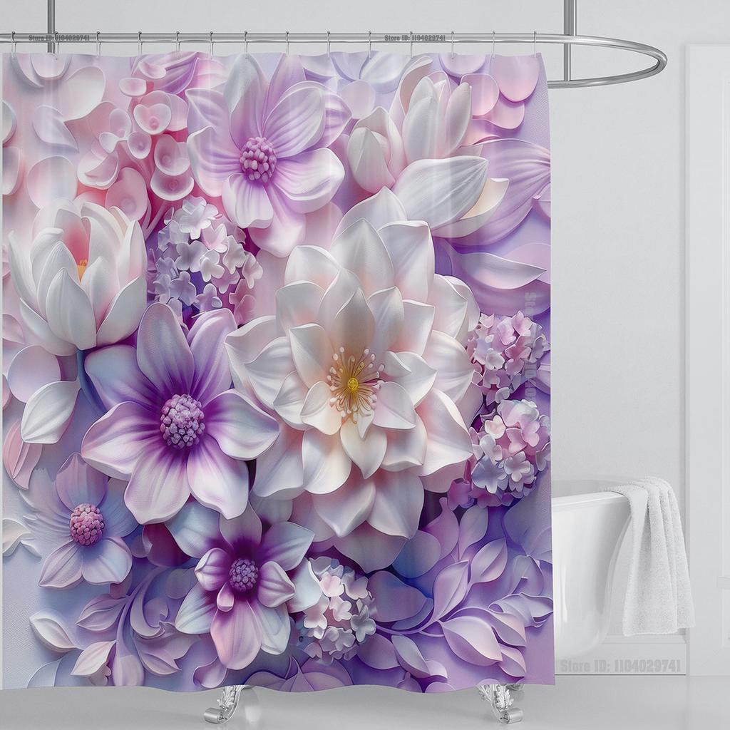 3D Red Floral Shower Curtain Set Pink Flower Design Fabric Bathroom Decor Waterproof Washable Shower Curtain Set with Hooks
