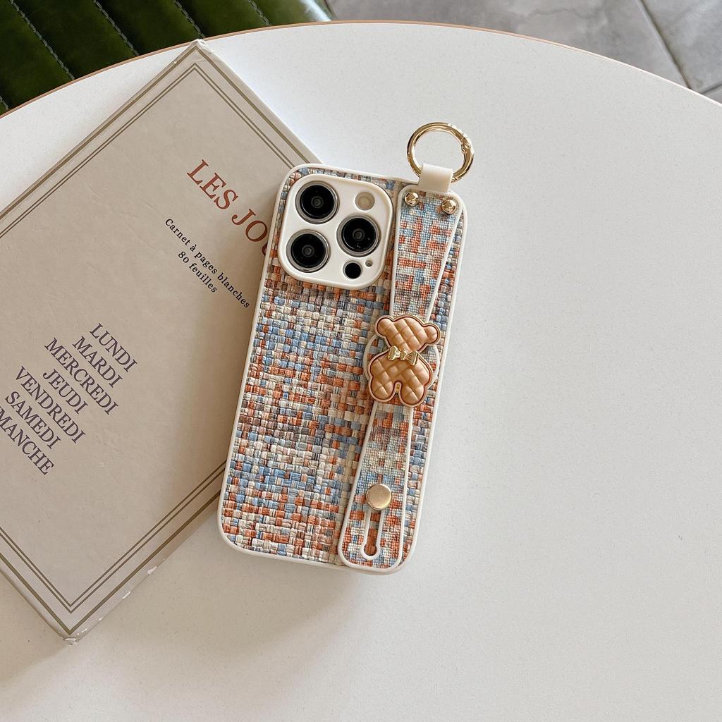 Compatible with Apple 16 Pro Max Case, Apple 14 Plaid Weave, 13 Bear Wrist Strap, 11 Protective Case, Women's 12 Case.