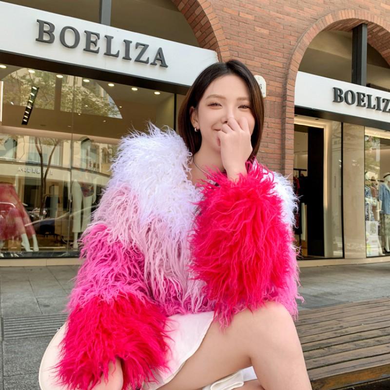 Short Faux Fur Coat Women Color Block Pink White Rose Winter Streetwear Round Neck Long Sleeve