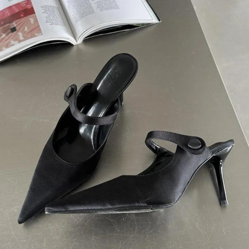 Fashion Hot Selling 2025 Satin Button Pointed Toe Pumps Women Slipper Fashion Shallow Thin High Heels Mule Ladies Shoes Zapatos De Mujer