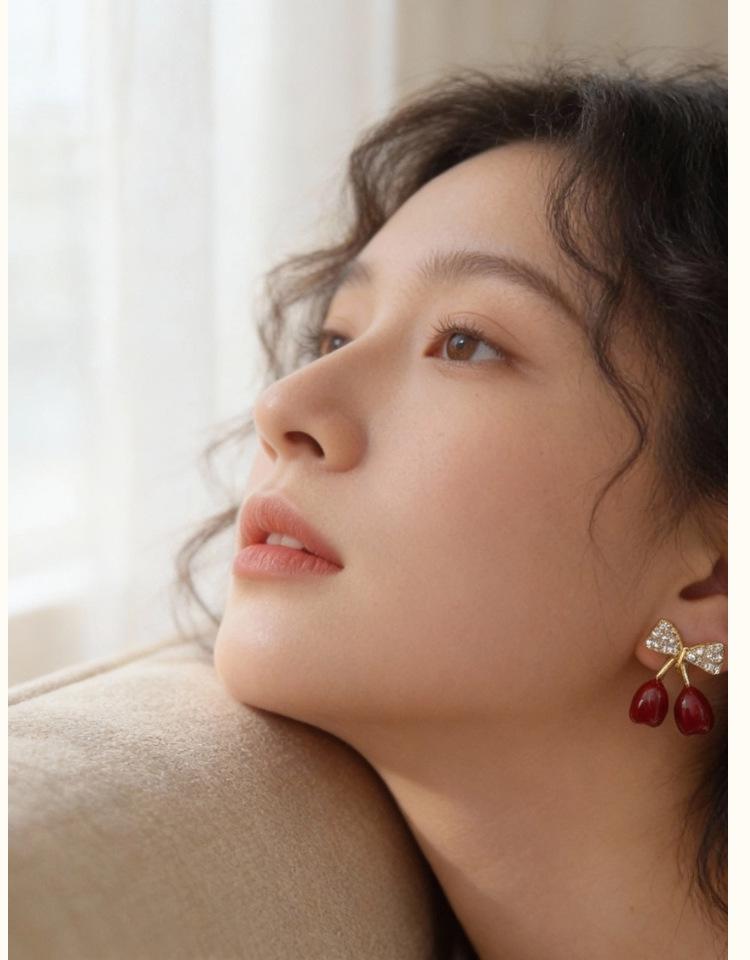 Elegant French S925 Silver Bow Cherry Dangle Earrings - Fashionable Micro-Paved Autumn/Winter Jewelry