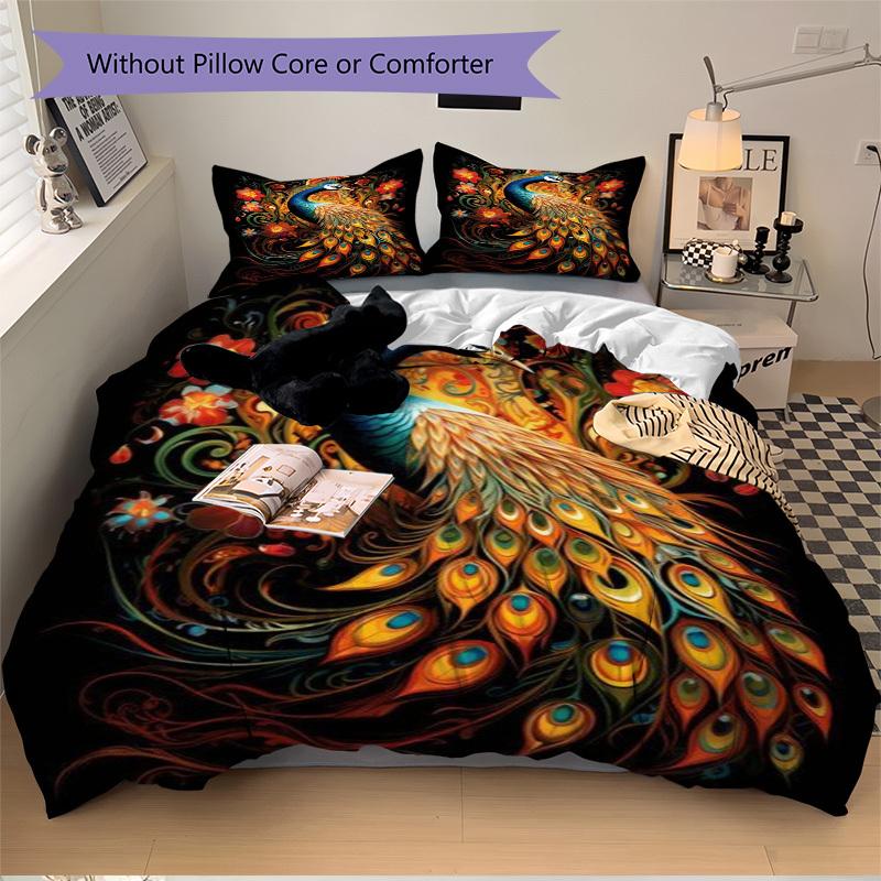 3pcs Peacock, Floral Duvet Cover Set -Includes 1 Duvet Cover and 2 Pillowcases, No Quilt Core, All-Season Home Decor  yy251111101