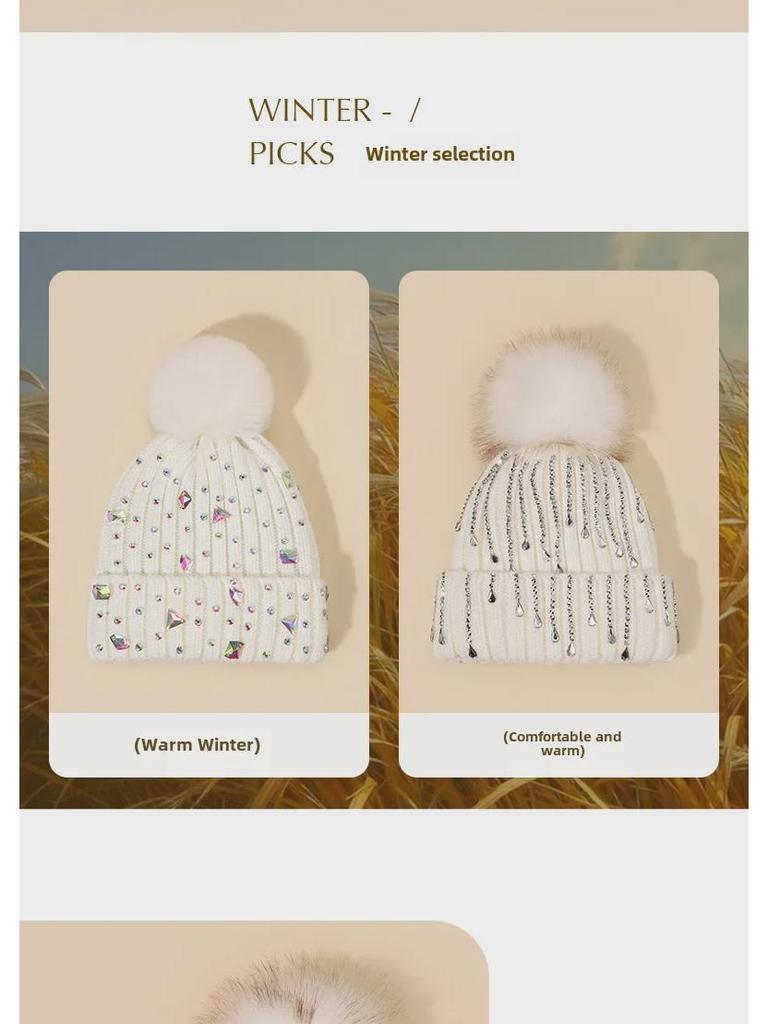 Căciuli de lână tricotate pentru femei în stil coreean, cu pompon din blană falsă de raton și accente diamantate pentru toamnă și iarnă