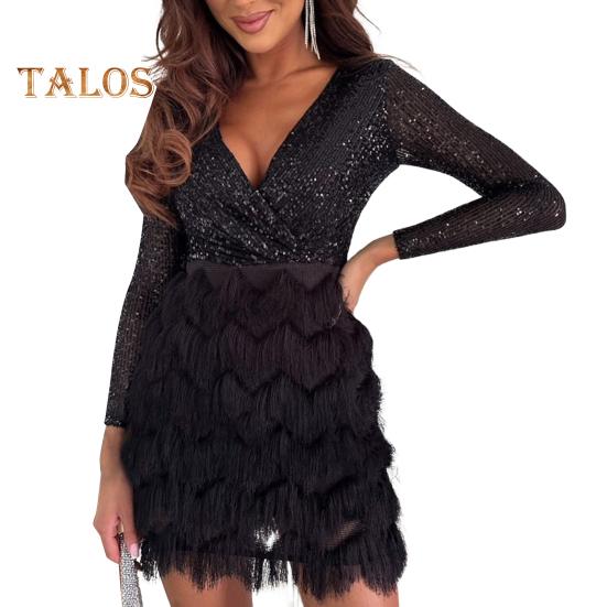 

Женское блестящее вечернее платье с пайетками, с длинным рукавом, глубоким V-образным вырезом, корсетное мини-платье, осенне-зимнее коктейльное гала-платье для выпускного вечера, ночного клуба S чёрный