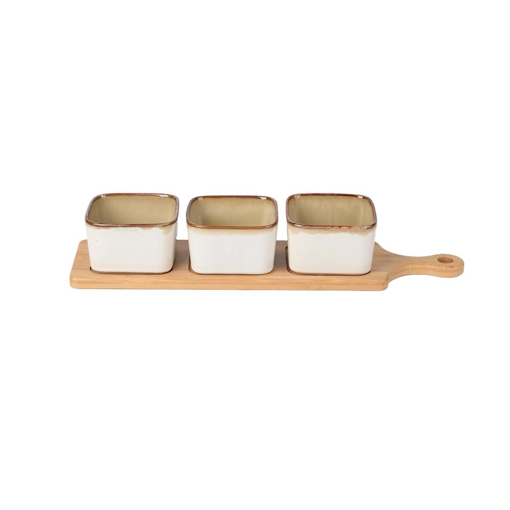 

Ceramic Snack Plate Home Use High End Hotel Restaurant Commercial Dish with Bamboo Wood Sauce Dish 12 inches