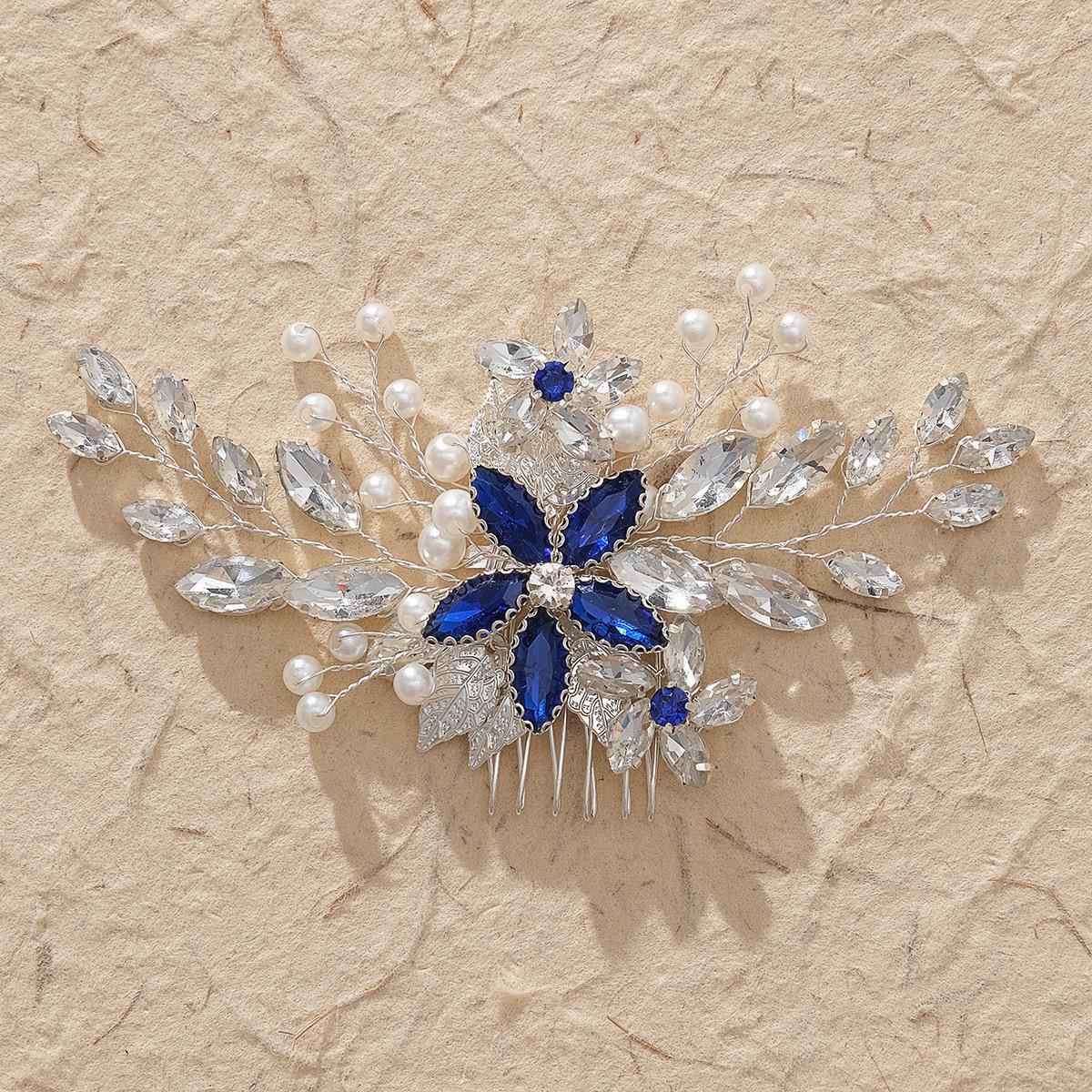 

Handmade Pearl Blue Crystal Bridal Hair Comb Wedding Banquet Gown Headpiece Elegant Insert Comb For Birthday Party