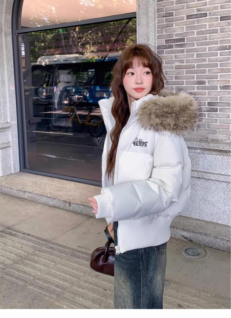 Winter new short fur collar hooded down jacket women's waist and thin high-end warm American jacket tide