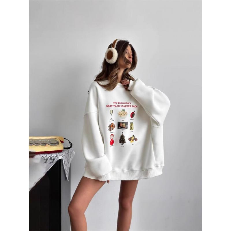 Versatile Cartoon Print Fleece-Lined Sweatshirt - Autumn/Winter Fashion