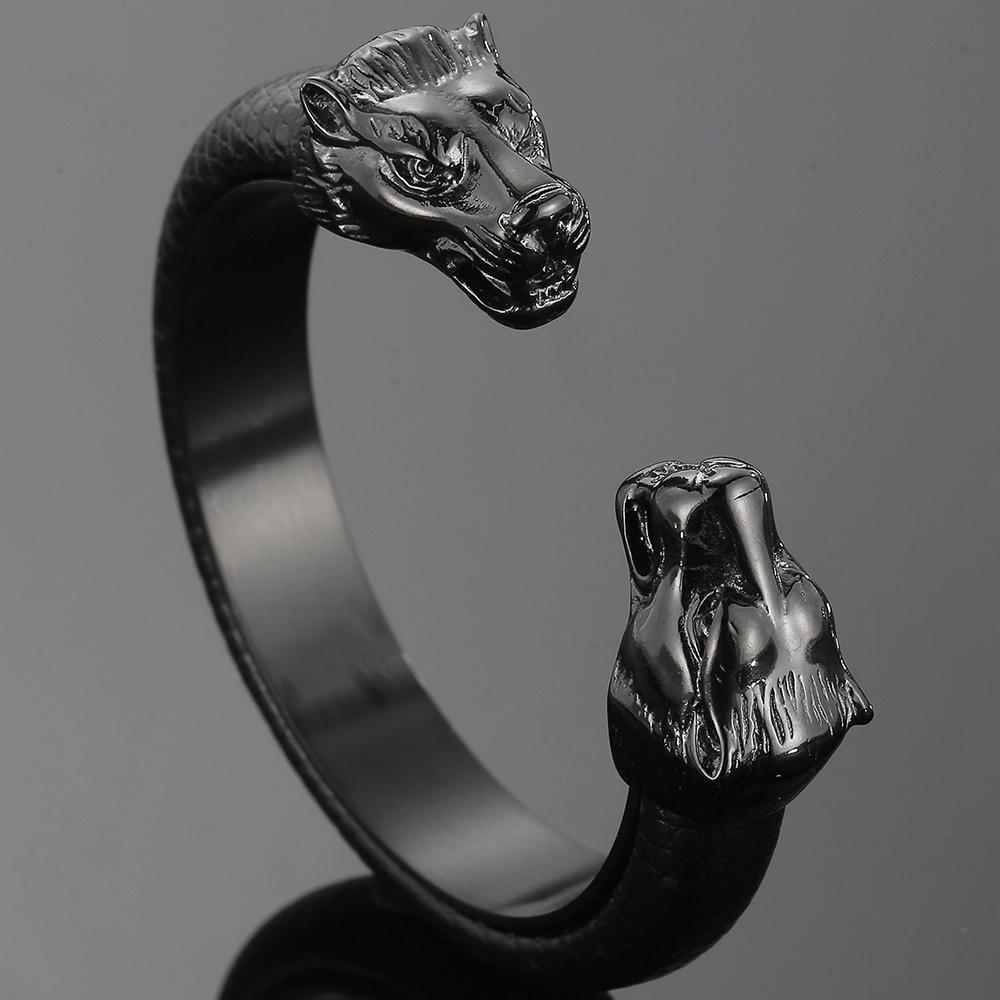 Edelstahl Wolfskopf Manschette Offener Armreif Armband Mann Schwarzes Leder Elastisch Verstellbar Jungen am Handgelenk Armbänder Herrenschmuck