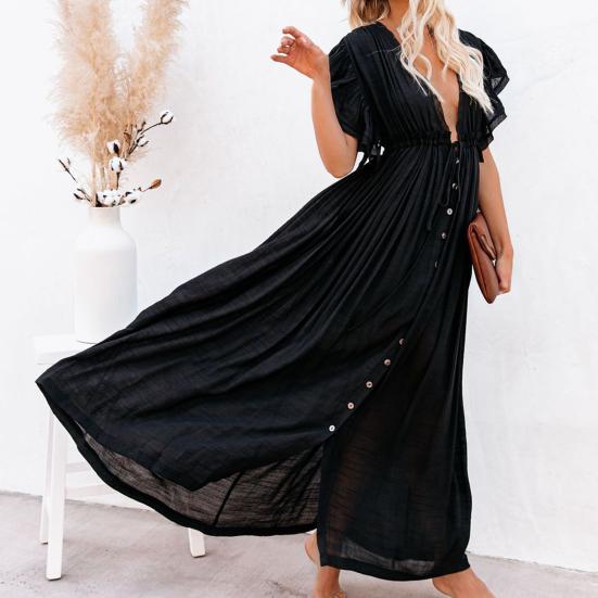 Badeanzug-Abdeckung, einfarbig, sexy, tiefes V-Ausschnitt, Rüschen-Bikinikleid