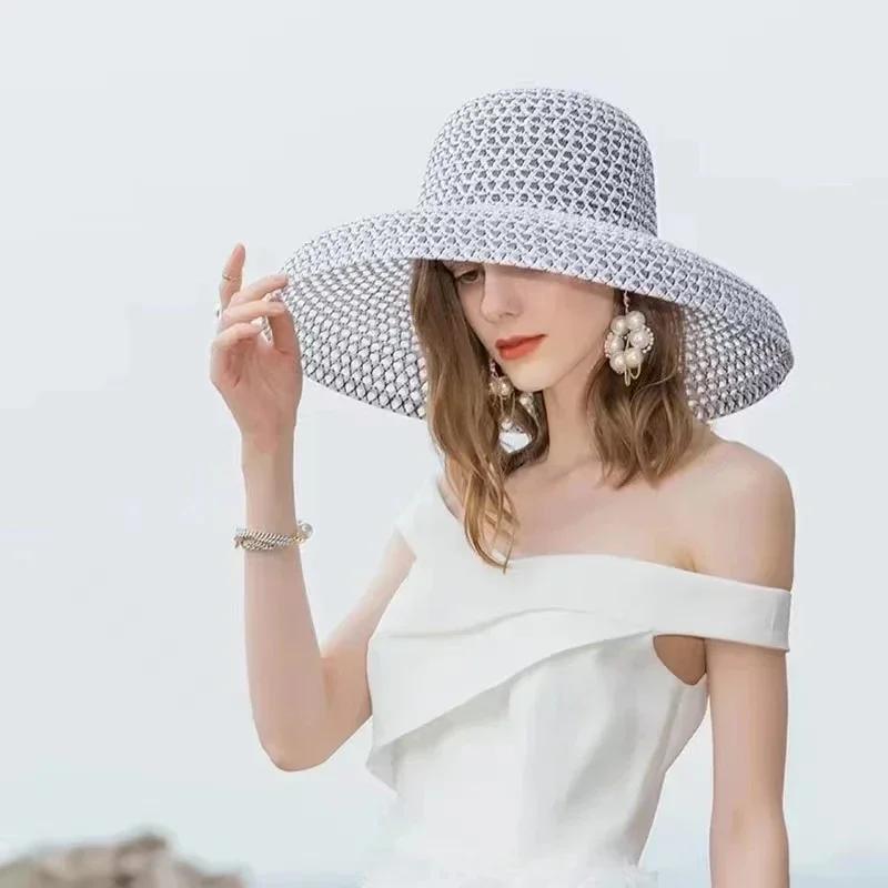 Nuevo Sombrero de Paja Redondo Grande Estilo Retro Sombreros de Sol para Mujer Visera para Viajes y Vacaciones Sombrero de Playa Vintage para Mujer Blanco y Negro