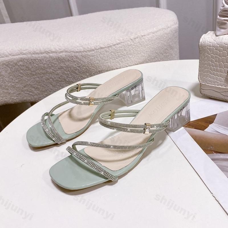 Womens Sandal Slipper 2026 New Summer Fashion Square Toe High Heels Sandals Rhinestone Womens Slippers French Banquet Party