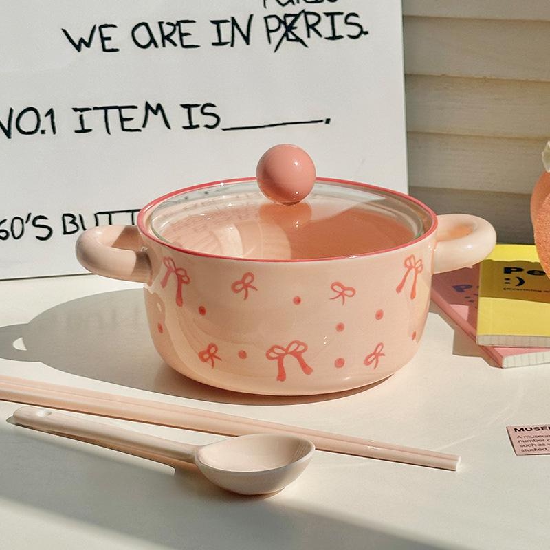 Girl's Heart Bow Binaural Ceramic Instant Noodle Bowl Student Dormitory Rice Bowl Large Capacity Microwave Oven Snail Powder Bowl