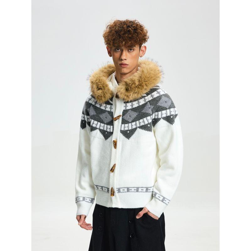 Cabbage Coke American-Style Detachable Fur Collar Fair Isle Sweater Jacket for Men and Women, Autumn Thickened Couple's Color-Block Knitwear