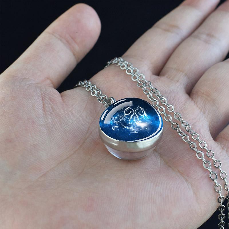 12 Constellations Double Side Glass Ball Silver Plated Necklace Jewelry Pendant Accessories Women Birthday Gift