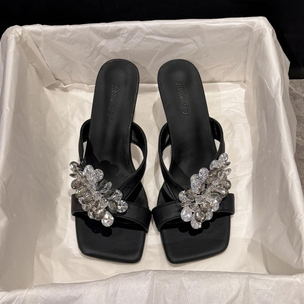 Fairy, Rhinestone Bow, Medium Heel, Cool Slippers, Female Summer 2025 New Fashion, Open-toed One-word Drag