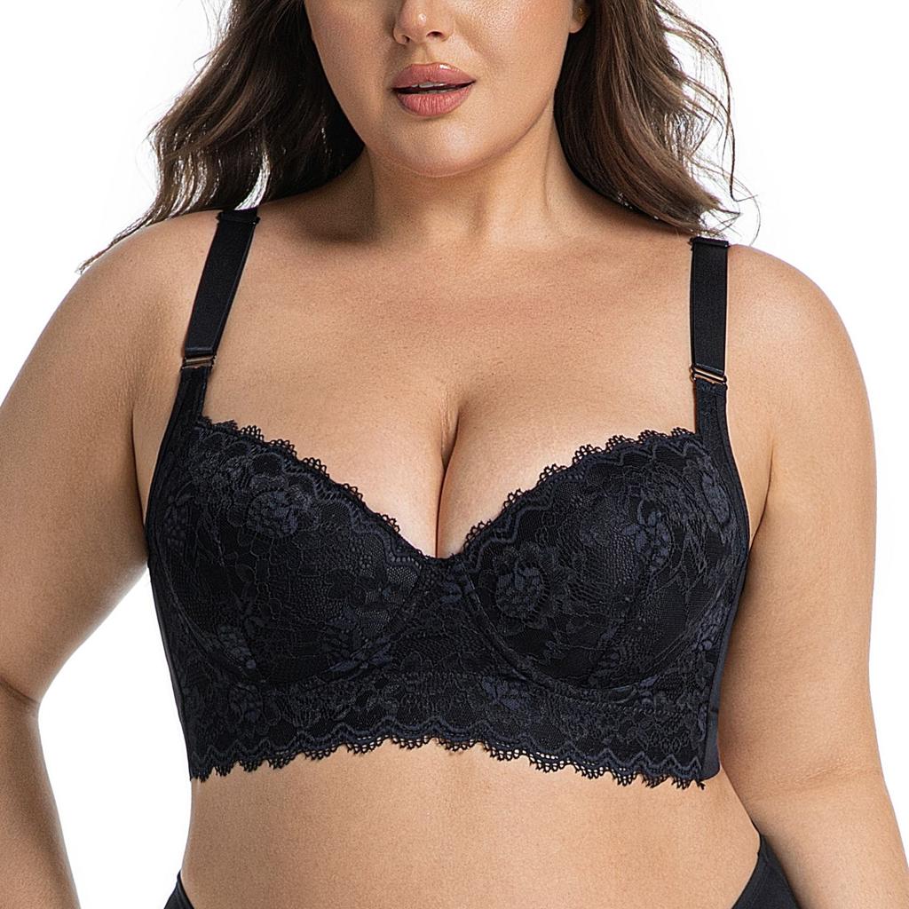 Large Size Thin Cup Lace Underwear for Women with Side Breast Adjustment and Underwire Bra